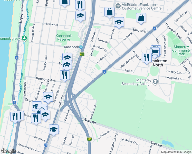 map of restaurants, bars, coffee shops, grocery stores, and more near 182 Frankston-Dandenong Road in Seaford