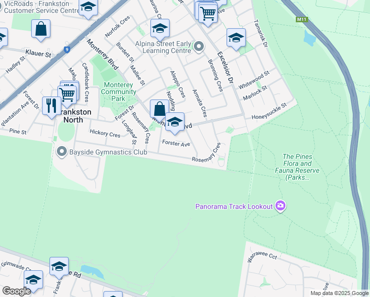 map of restaurants, bars, coffee shops, grocery stores, and more near 24 Forster Avenue in Frankston North