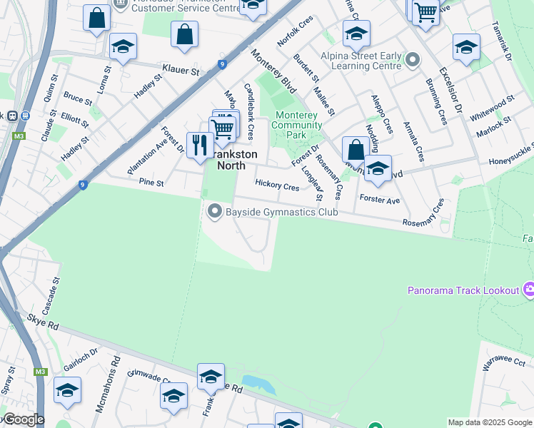 map of restaurants, bars, coffee shops, grocery stores, and more near 72 Silvertop Crescent in Frankston North
