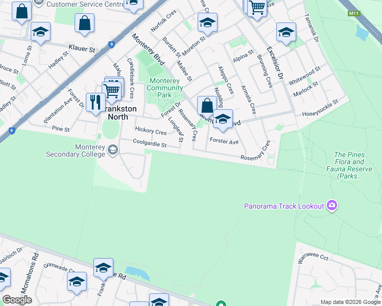 map of restaurants, bars, coffee shops, grocery stores, and more near 48 Rosemary Crescent in Frankston North
