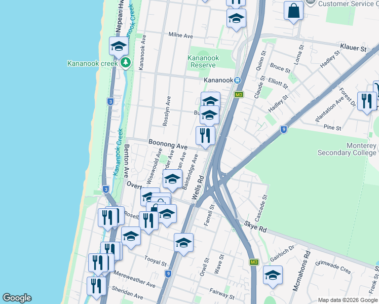 map of restaurants, bars, coffee shops, grocery stores, and more near 54 Boonong Avenue in Seaford