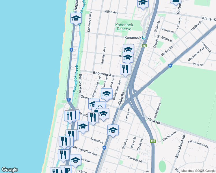 map of restaurants, bars, coffee shops, grocery stores, and more near 15 Duncan Avenue in Seaford