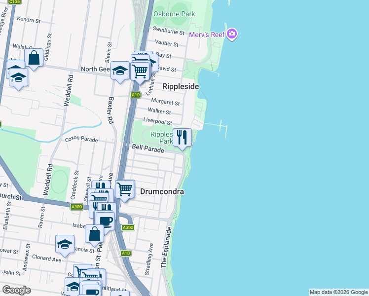 map of restaurants, bars, coffee shops, grocery stores, and more near 42 Bell Parade in Rippleside
