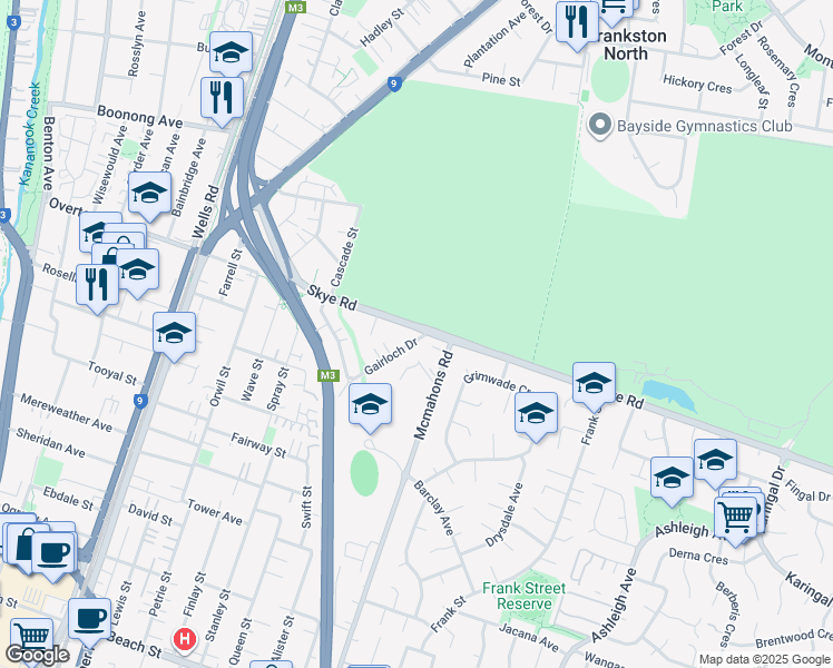 map of restaurants, bars, coffee shops, grocery stores, and more near 78A Skye Road in Frankston
