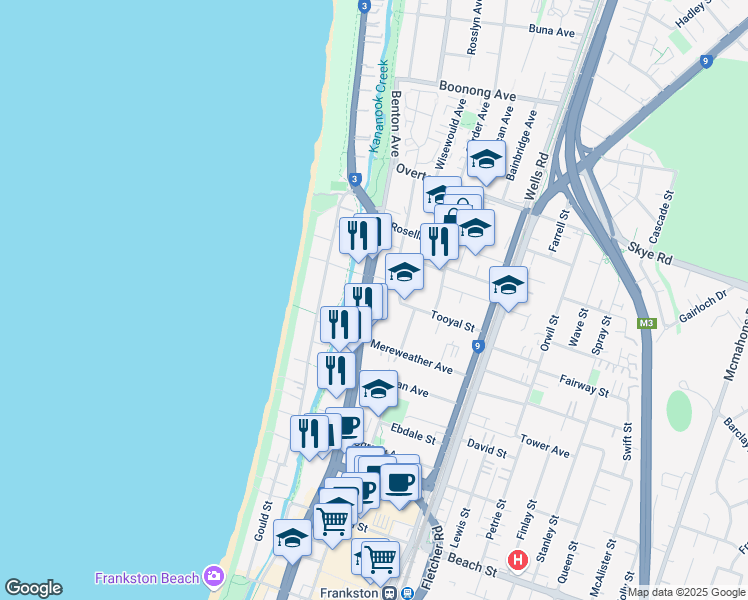 map of restaurants, bars, coffee shops, grocery stores, and more near 325 Nepean Highway in Frankston