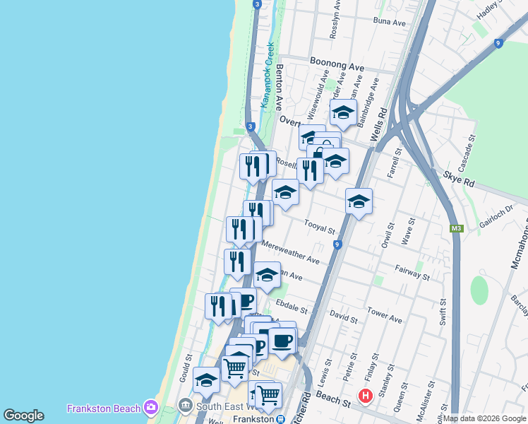 map of restaurants, bars, coffee shops, grocery stores, and more near 325 Nepean Highway in Frankston