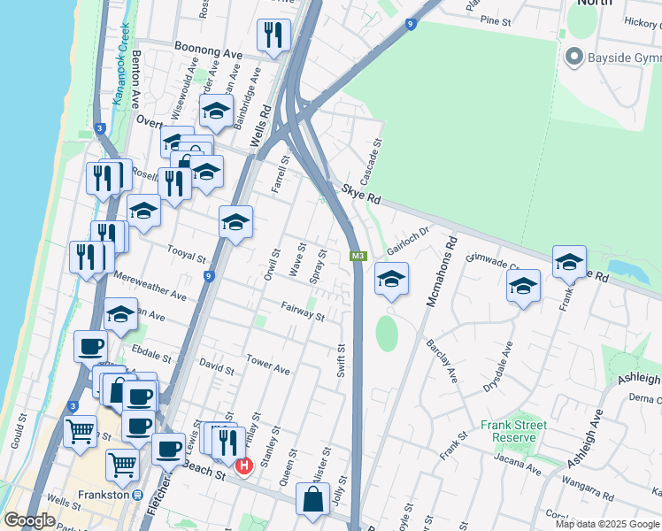 map of restaurants, bars, coffee shops, grocery stores, and more near 20 Bradshaw Street in Frankston
