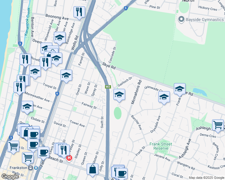 map of restaurants, bars, coffee shops, grocery stores, and more near 30 Gairloch Drive in Frankston