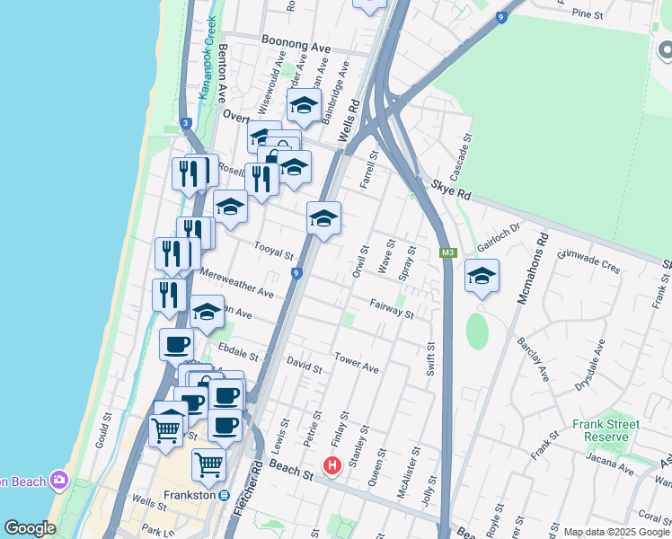 map of restaurants, bars, coffee shops, grocery stores, and more near 7 Colin Avenue in Frankston