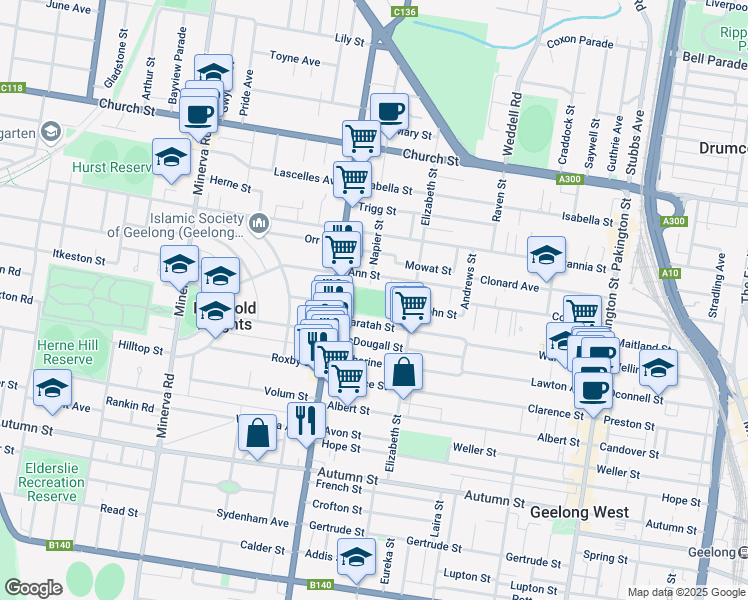 map of restaurants, bars, coffee shops, grocery stores, and more near in Geelong West