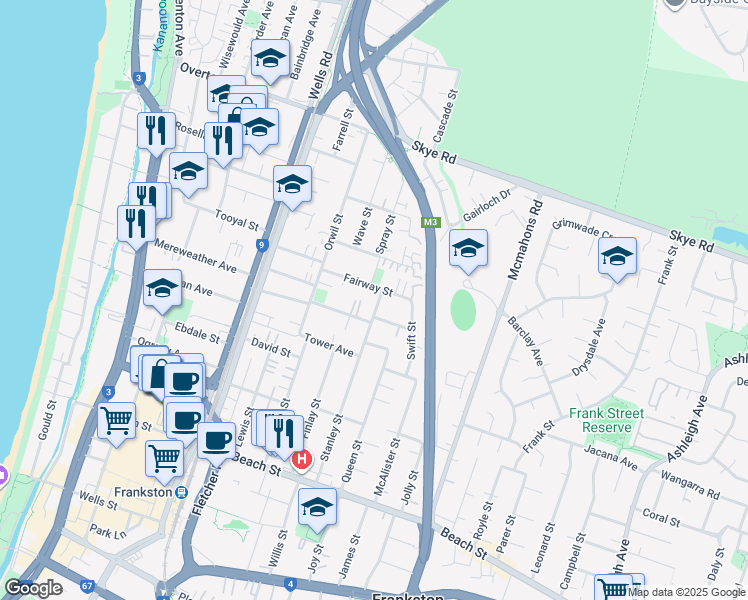 map of restaurants, bars, coffee shops, grocery stores, and more near 78 Stanley Street in Frankston