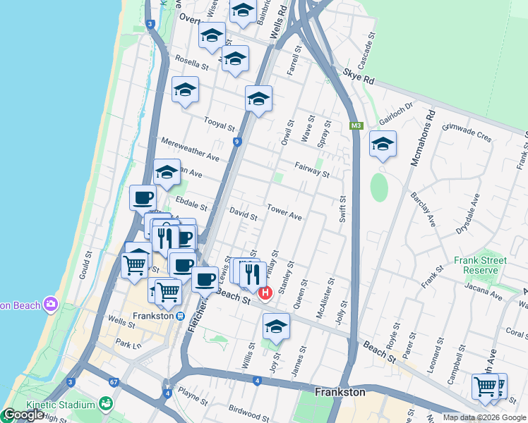map of restaurants, bars, coffee shops, grocery stores, and more near 43 Petrie Street in Frankston