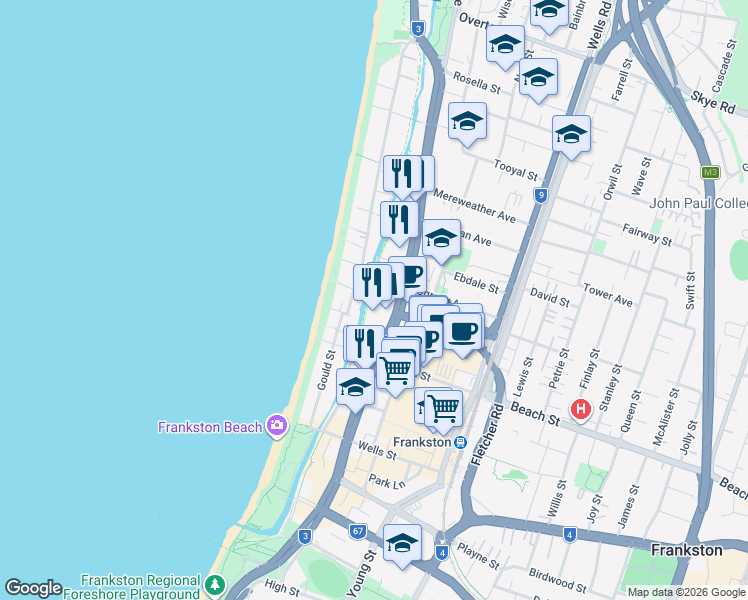 map of restaurants, bars, coffee shops, grocery stores, and more near 402 Nepean Highway in Frankston