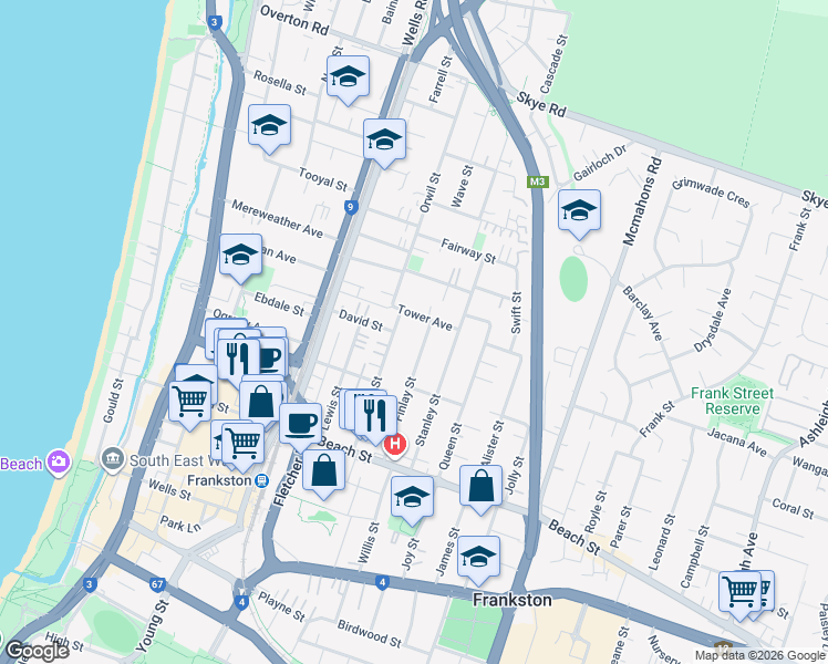 map of restaurants, bars, coffee shops, grocery stores, and more near 41 Finlay Street in Frankston