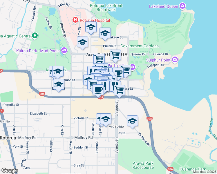 map of restaurants, bars, coffee shops, grocery stores, and more near 1129 Eruera Street in Rotorua