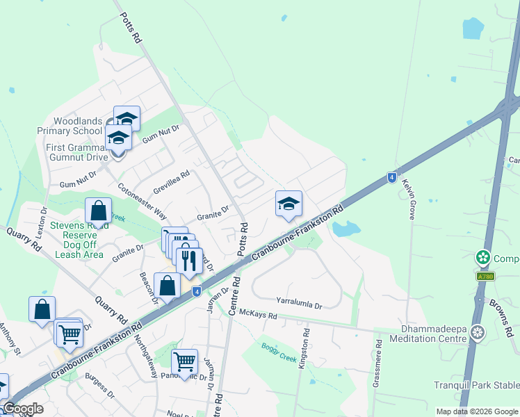map of restaurants, bars, coffee shops, grocery stores, and more near 28 Potts Road in Langwarrin