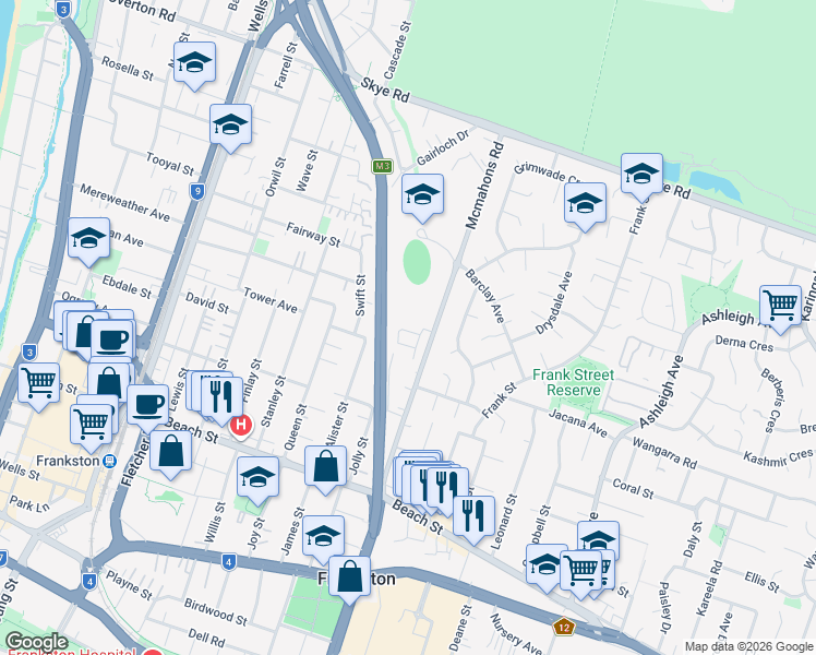 map of restaurants, bars, coffee shops, grocery stores, and more near 105 Mcmahons Road in Frankston