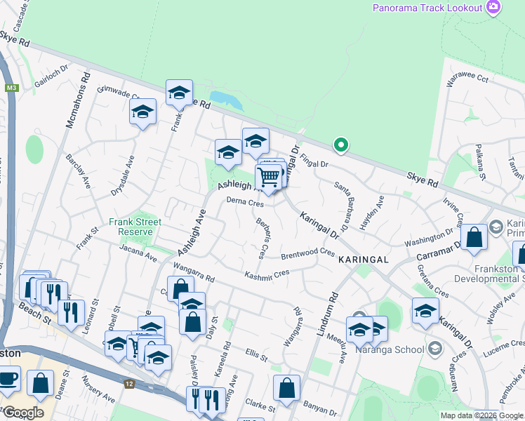 map of restaurants, bars, coffee shops, grocery stores, and more near 26 Derna Crescent in Frankston