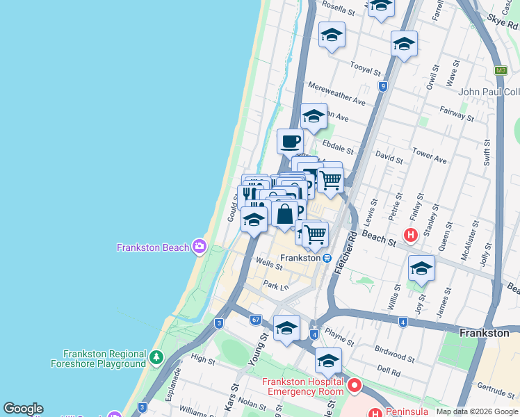 map of restaurants, bars, coffee shops, grocery stores, and more near 428 Nepean Highway in Frankston
