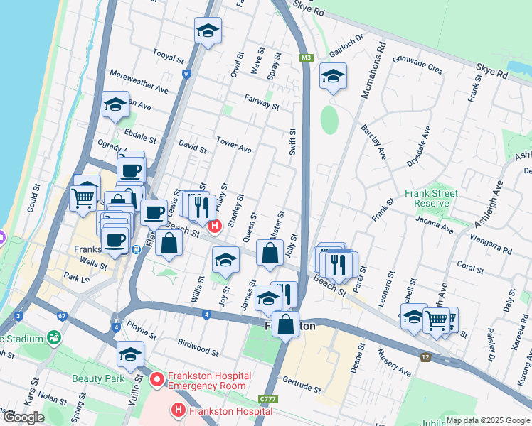map of restaurants, bars, coffee shops, grocery stores, and more near 1 Roberta Grove in Frankston