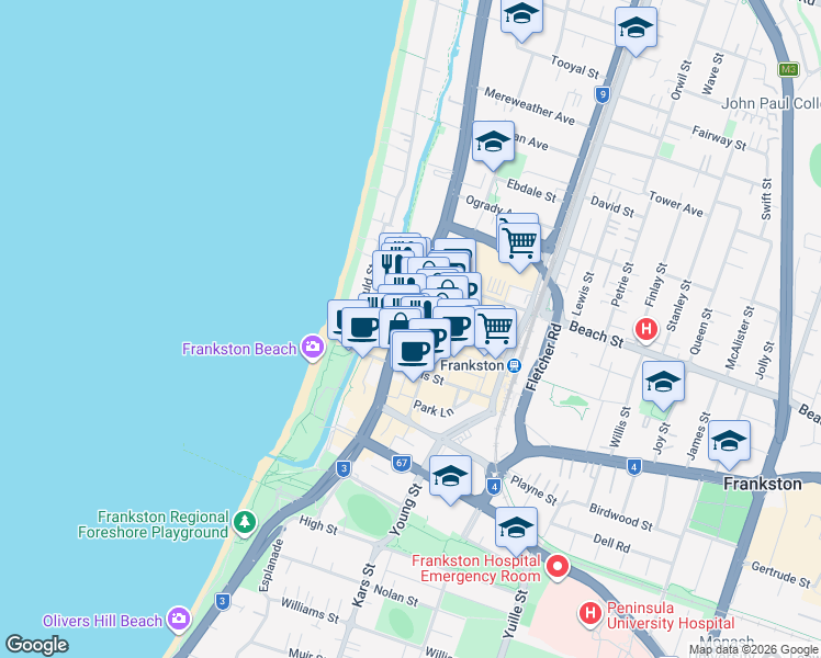 map of restaurants, bars, coffee shops, grocery stores, and more near 431 Nepean Highway in Frankston