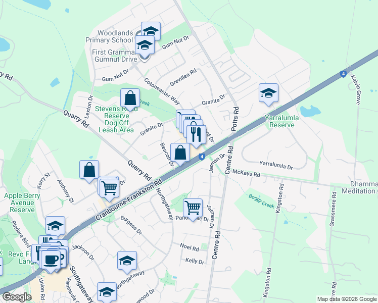 map of restaurants, bars, coffee shops, grocery stores, and more near 2 Allington Place in Langwarrin