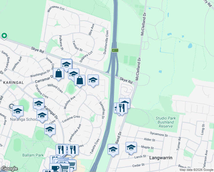 map of restaurants, bars, coffee shops, grocery stores, and more near 35 Manorwoods Drive in Frankston