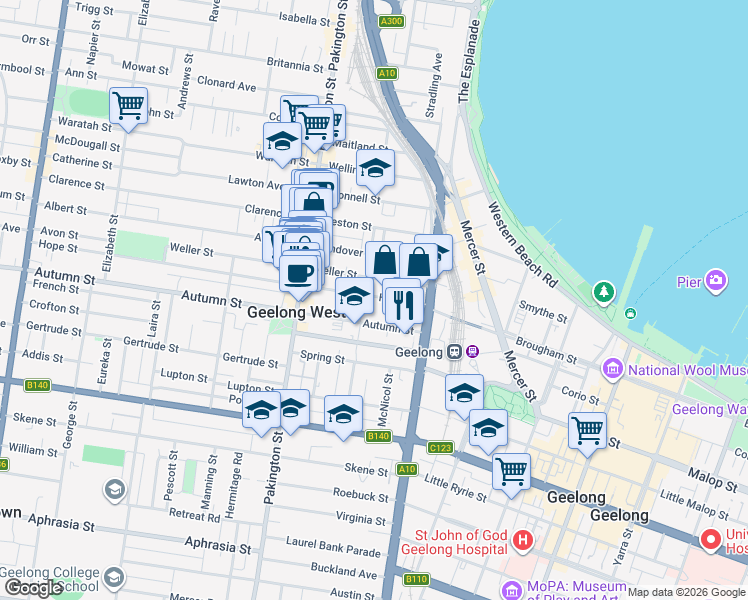 map of restaurants, bars, coffee shops, grocery stores, and more near 27 Hope Street in Geelong West