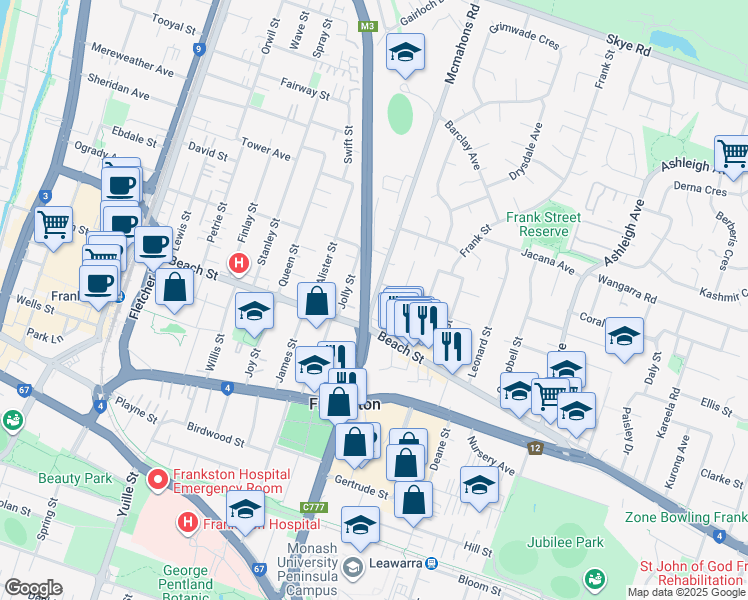 map of restaurants, bars, coffee shops, grocery stores, and more near McMahons Road in Frankston