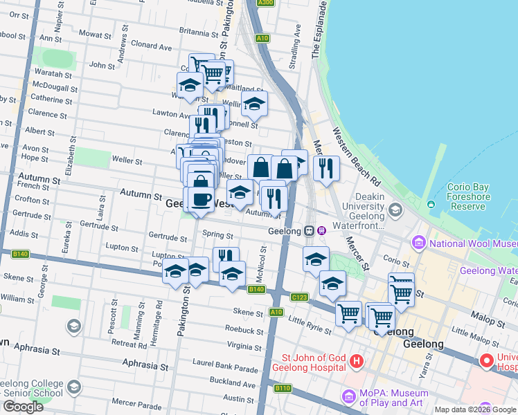map of restaurants, bars, coffee shops, grocery stores, and more near 32 Autumn Street in Geelong West