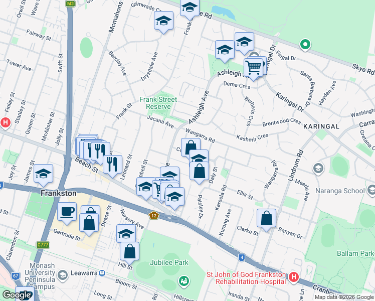 map of restaurants, bars, coffee shops, grocery stores, and more near 7 Coral Street in Frankston