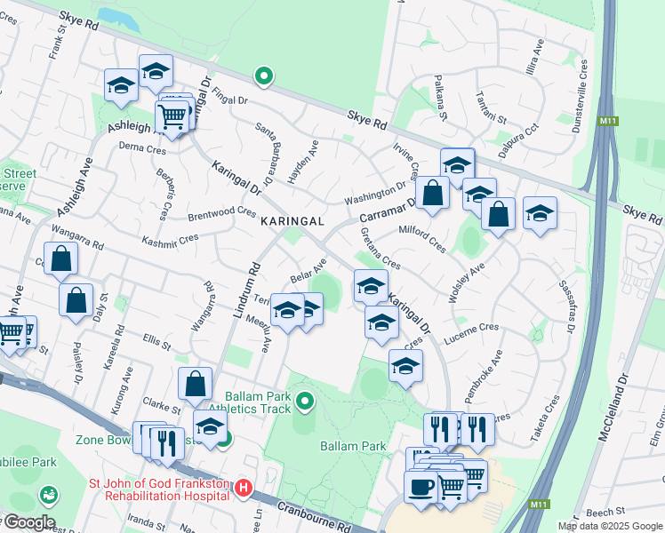 map of restaurants, bars, coffee shops, grocery stores, and more near 5 Abor Court in Frankston