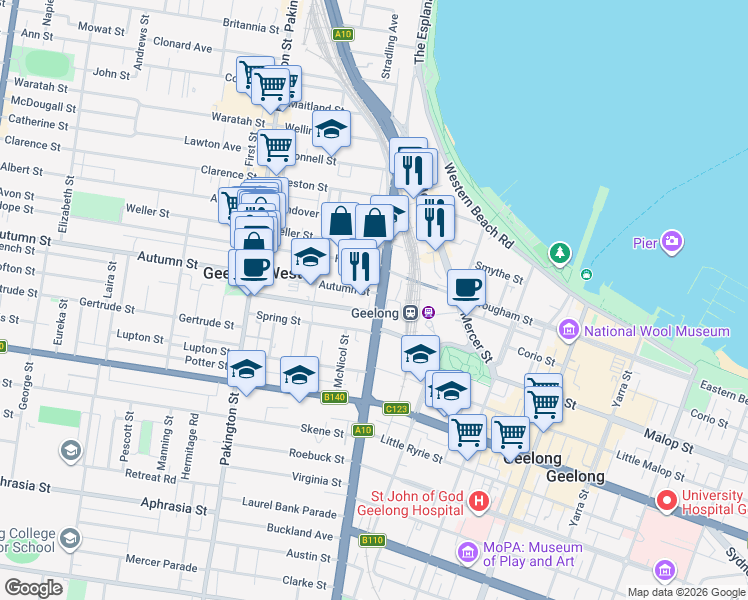 map of restaurants, bars, coffee shops, grocery stores, and more near 202-210 Latrobe Terrace in Geelong West
