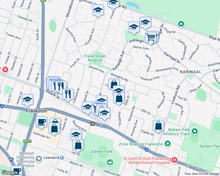 map of restaurants, bars, coffee shops, grocery stores, and more near 8 Coral Street in Frankston