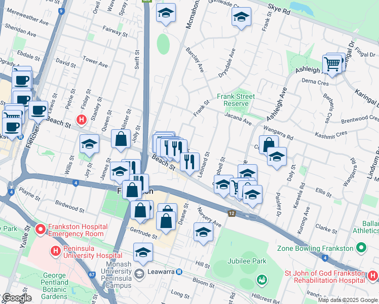 map of restaurants, bars, coffee shops, grocery stores, and more near 14 Parer Street in Frankston