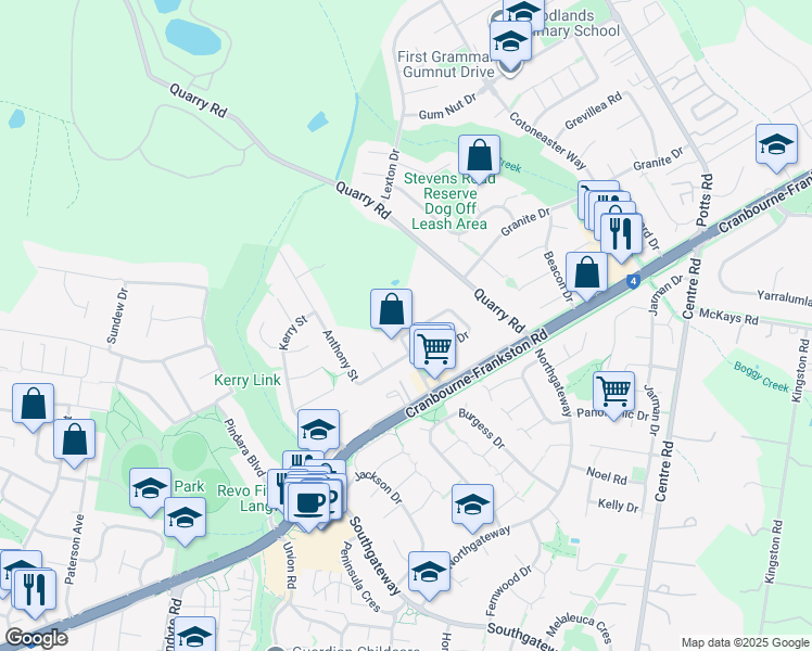 map of restaurants, bars, coffee shops, grocery stores, and more near 56 Maria Drive in Langwarrin