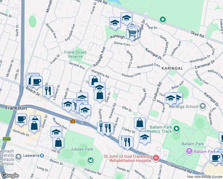 map of restaurants, bars, coffee shops, grocery stores, and more near 34 Coral Street in Frankston