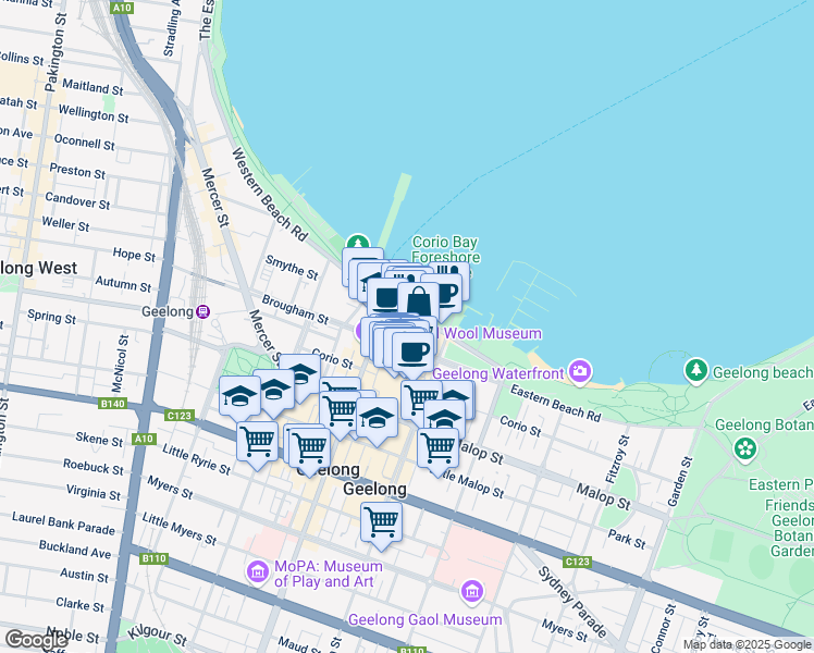 map of restaurants, bars, coffee shops, grocery stores, and more near 6-8 Eastern Beach in Geelong