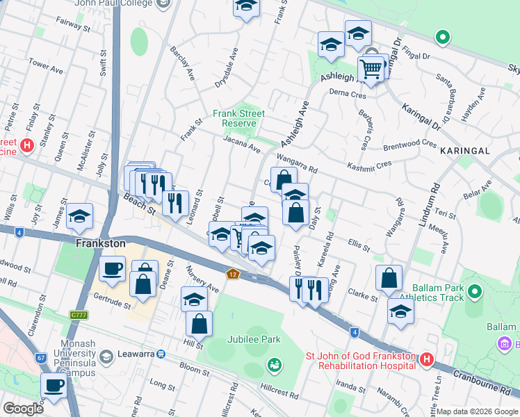 map of restaurants, bars, coffee shops, grocery stores, and more near 12 Ashleigh Avenue in Frankston