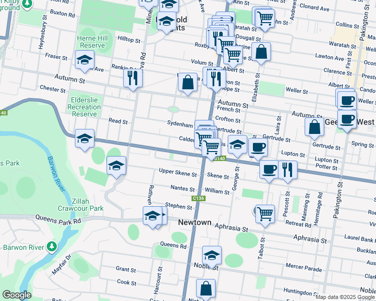 map of restaurants, bars, coffee shops, grocery stores, and more near 316 Aberdeen Street in Manifold Heights