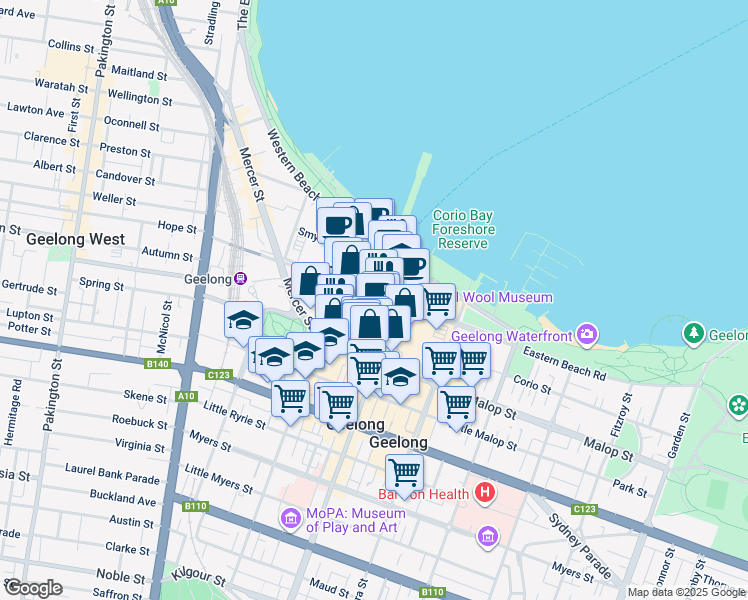 map of restaurants, bars, coffee shops, grocery stores, and more near 60-62 Brougham Street in Geelong