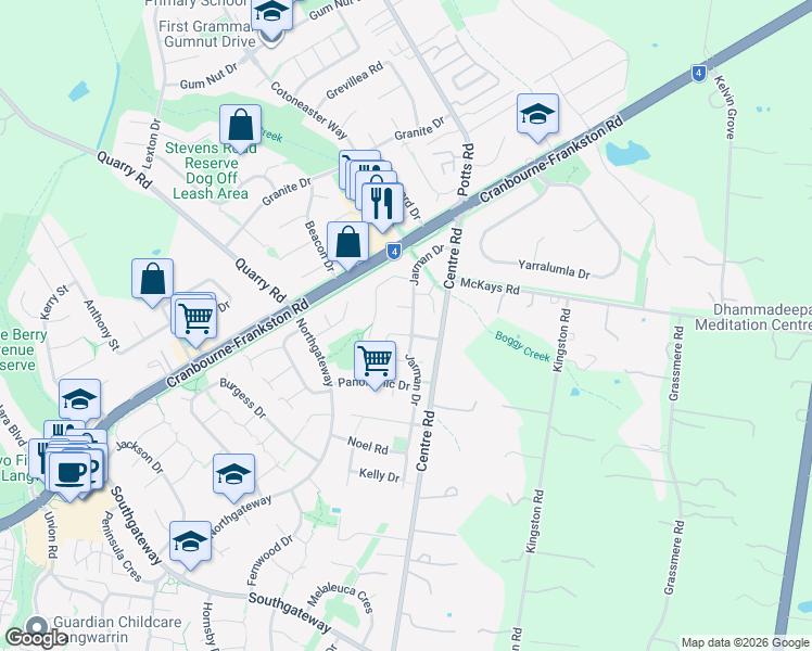map of restaurants, bars, coffee shops, grocery stores, and more near 45 Jarman Drive in Langwarrin