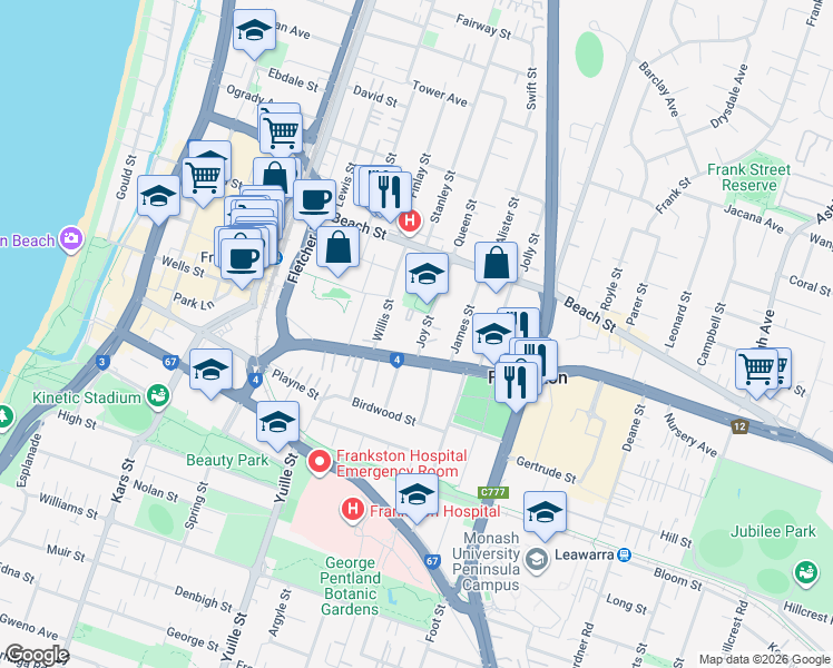 map of restaurants, bars, coffee shops, grocery stores, and more near 3 Joy Street in Frankston