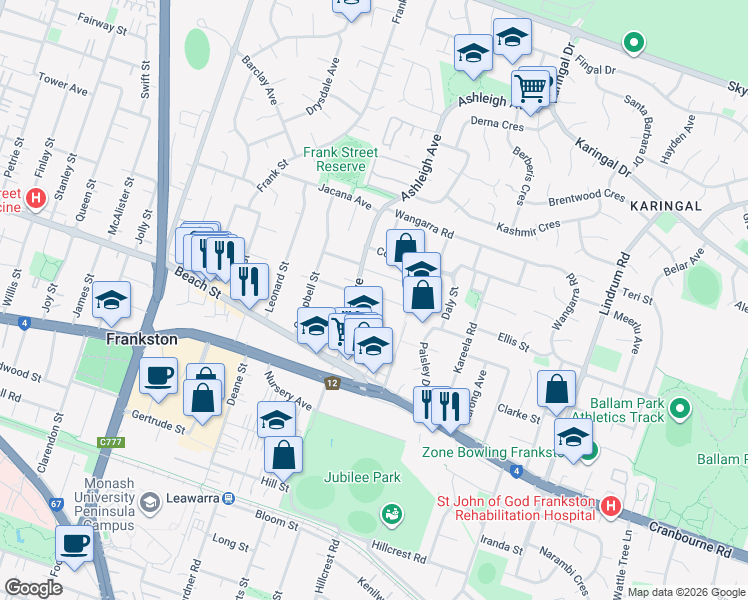 map of restaurants, bars, coffee shops, grocery stores, and more near 6 Arabil Street in Frankston
