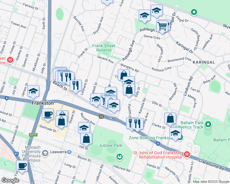 map of restaurants, bars, coffee shops, grocery stores, and more near 8 Arabil Street in Frankston
