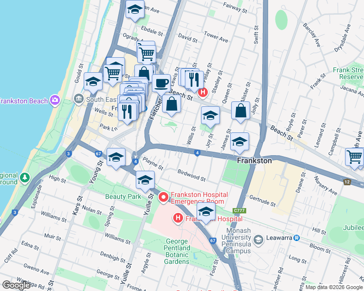 map of restaurants, bars, coffee shops, grocery stores, and more near 20 Cranbourne Road in Frankston