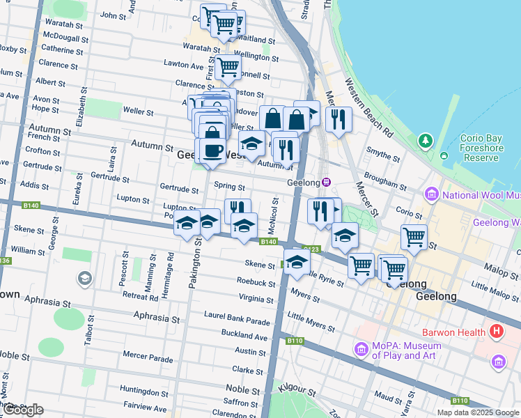 map of restaurants, bars, coffee shops, grocery stores, and more near 22 Emerald Street in Geelong West
