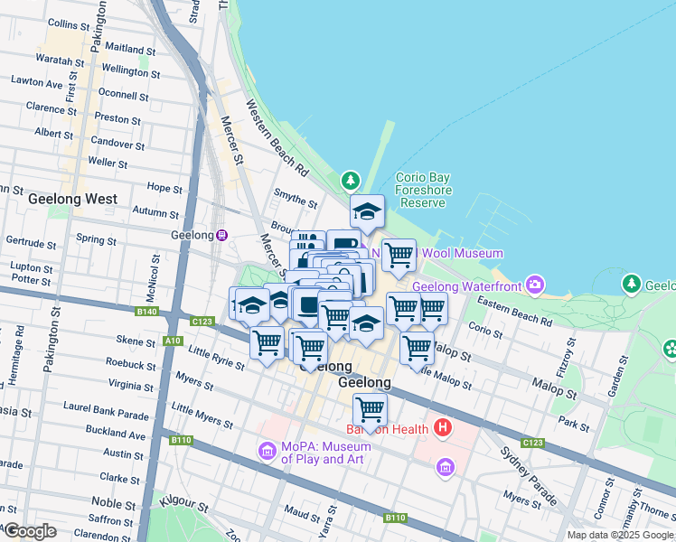 map of restaurants, bars, coffee shops, grocery stores, and more near 60-62 Brougham Street in Geelong