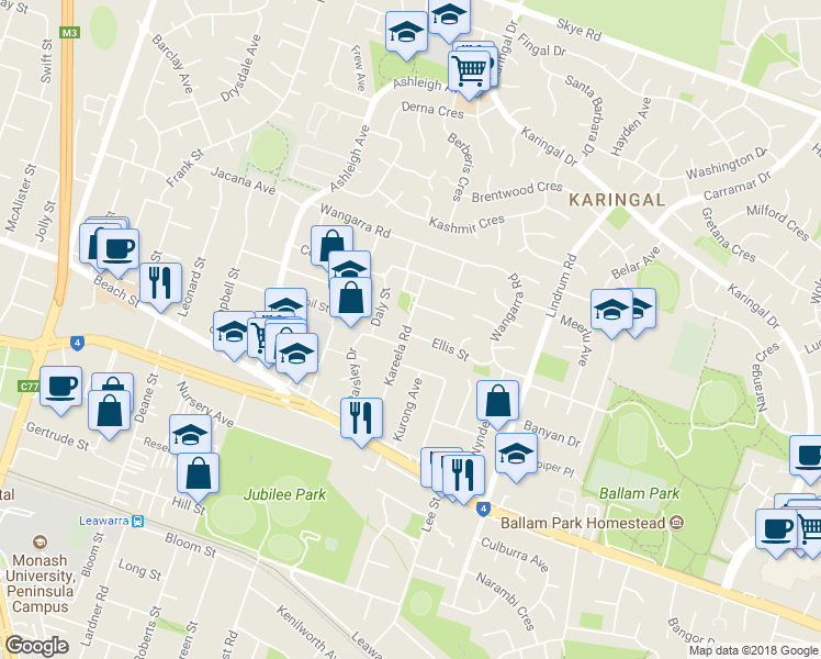 map of restaurants, bars, coffee shops, grocery stores, and more near 40 Kareela Road in Frankston