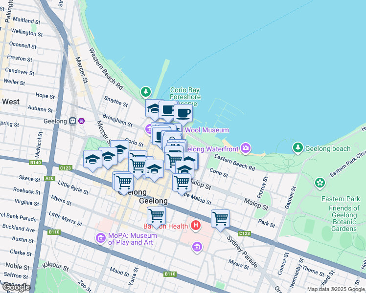 map of restaurants, bars, coffee shops, grocery stores, and more near 1 Yarra Street in Geelong